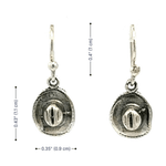 Dimension profile layout illustrating the 1.1 cm face height, 0.9 cm width, and 1 cm wire drop proportions of the small western hat earrings.
