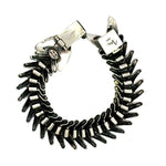 Underside of articulated silver fishbone bracelet showing inner links.