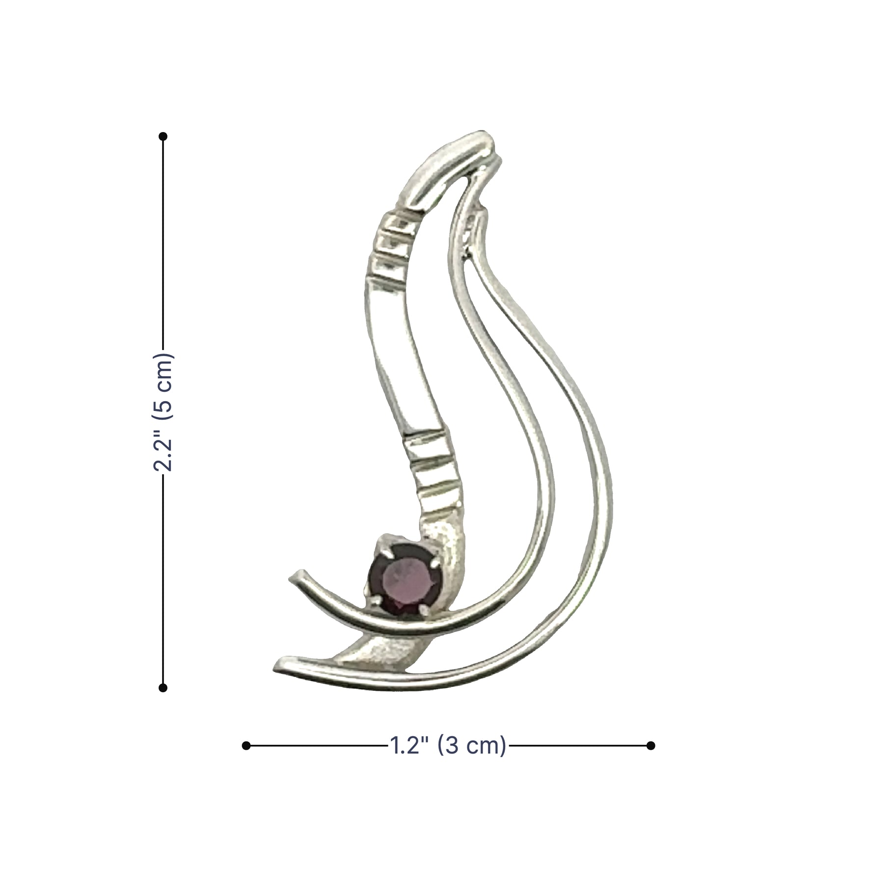View of a handcrafted 925 sterling silver pendant with a natural garnet stone and measurements