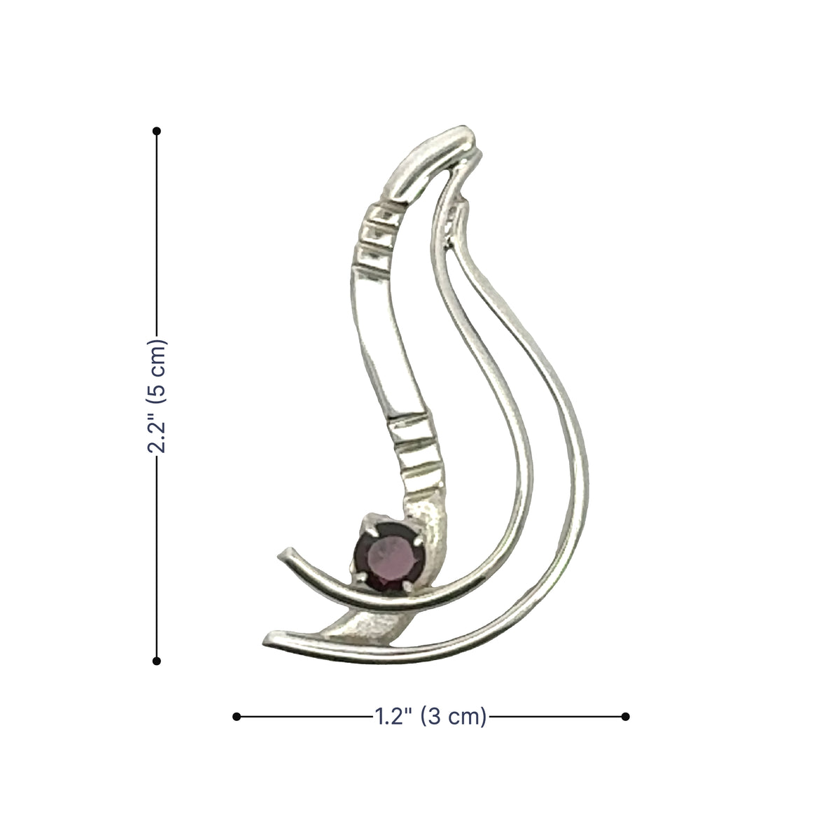 View of a handcrafted 925 sterling silver pendant with a natural garnet stone and measurements