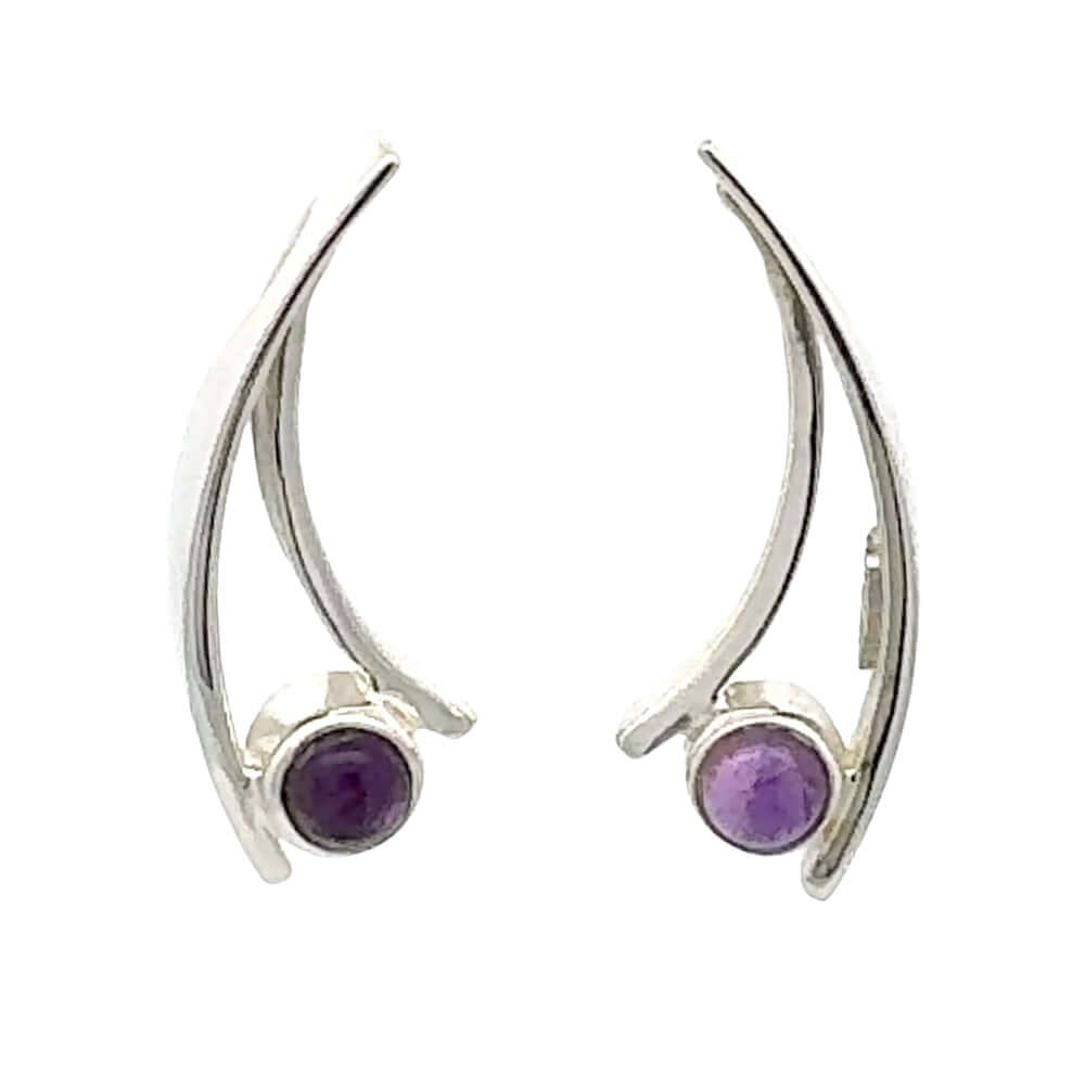 Front view of handmade Taxco silver arc earrings featuring vibrant round amethyst cabochons.