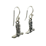 Perspective layout of the handmade western boot earrings highlighting the secure hook type hardware and polished metal finish.