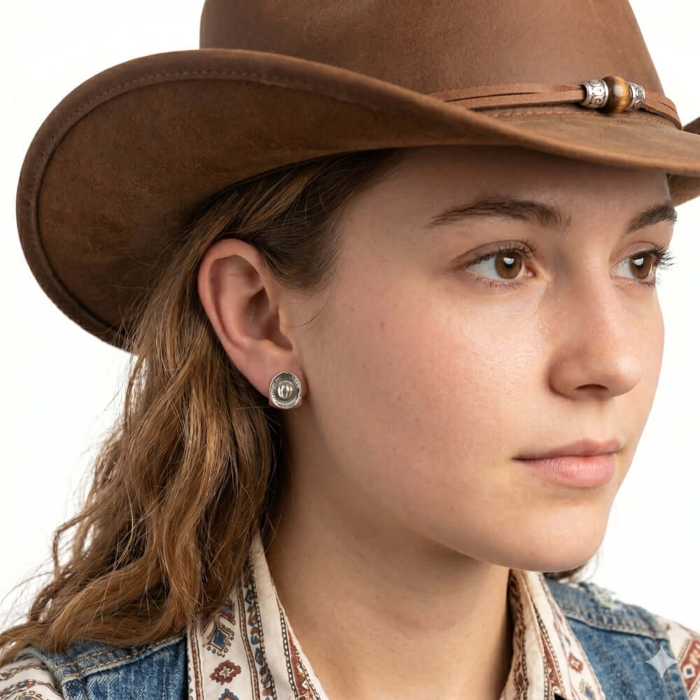 Close-up view of an artisan western silver cowboy hat medium post earring worn on an earlobe.