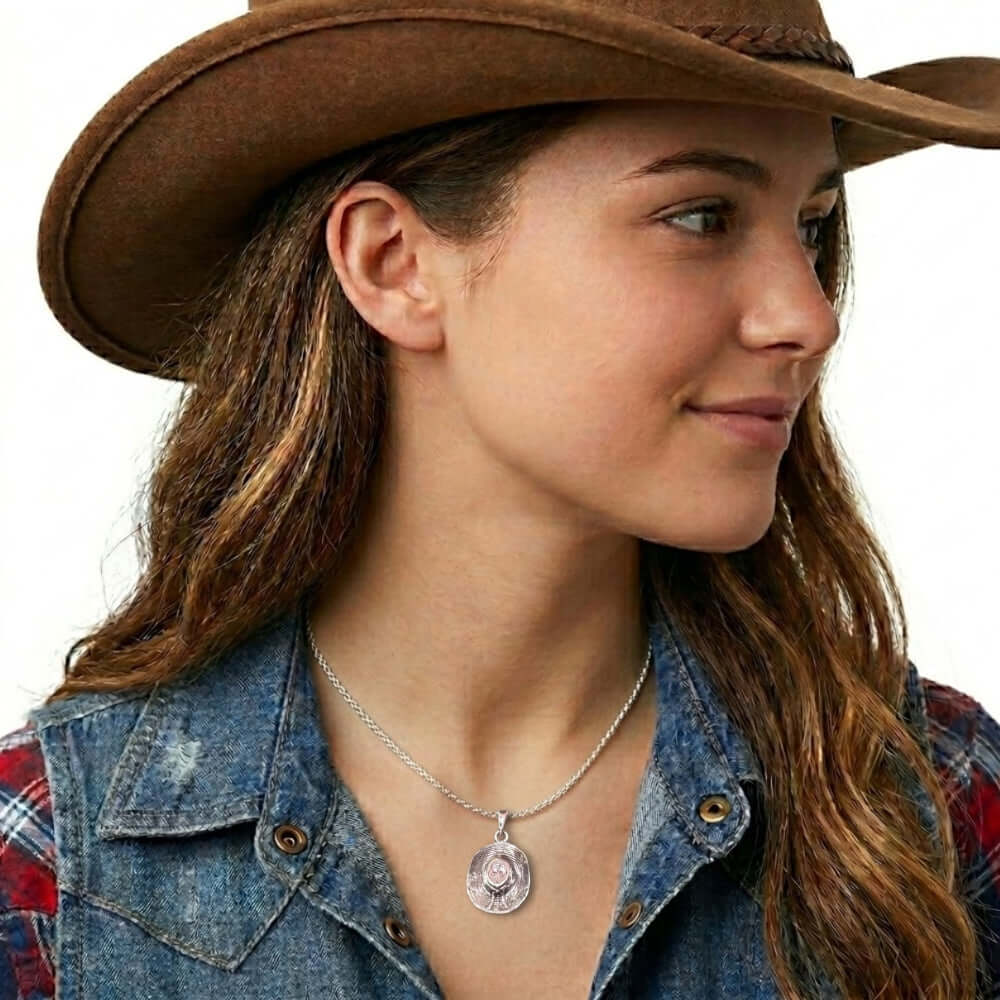 Close-up view of the artisan western silver textured cowgirl medium hat pendant worn on a delicate chain, illustrating its subtle daily scale.