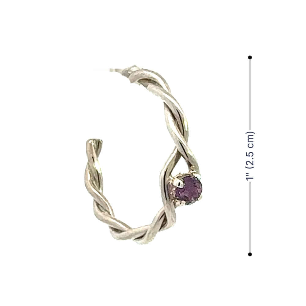 Size guide showing the one inch diameter of the delicate twisted silver and amethyst hoops