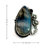 Dimension layout for the Taxco gemstones ring illustrating the long face height and size 7 proportions for a perfect fit.