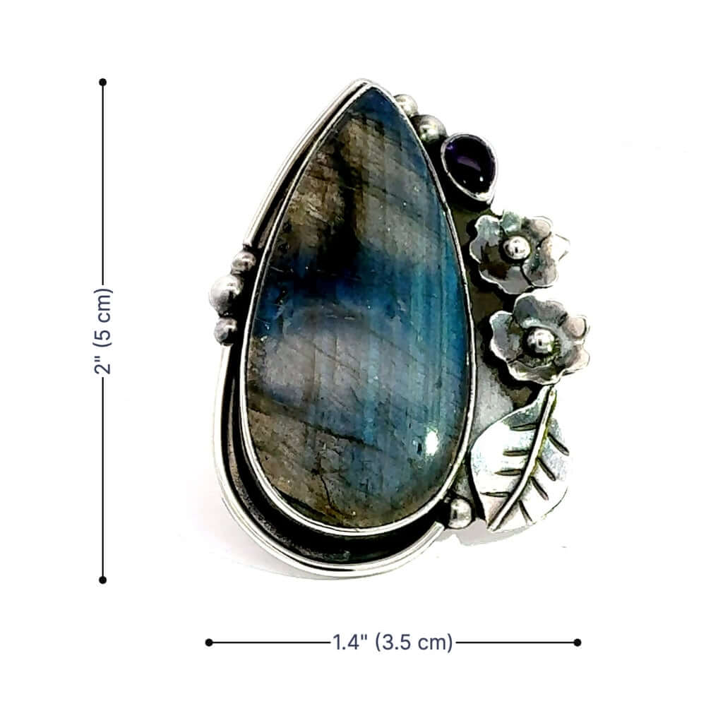 Dimension layout for the Taxco gemstones ring illustrating the long face height and size 7 proportions for a perfect fit.