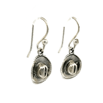 Perspective layout of the miniature silver cowboy hat drops highlighting the flawless curves of the brim and the moving hook wire.