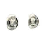 Perspective layout of the miniature silver cowboy small hat post earrings. highlighting the flawless curves of the brim and the smooth crown.
