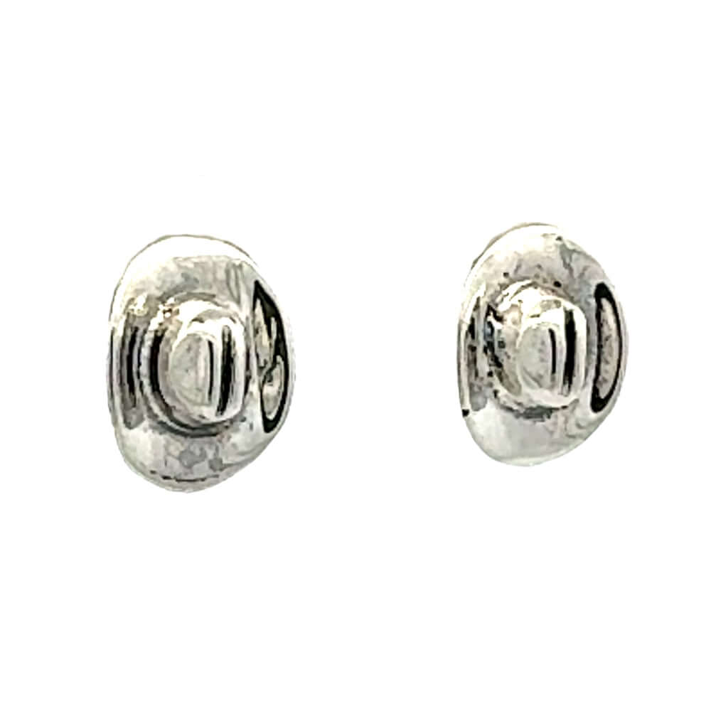 Perspective layout of the miniature silver cowboy small hat post earrings. highlighting the flawless curves of the brim and the smooth crown.