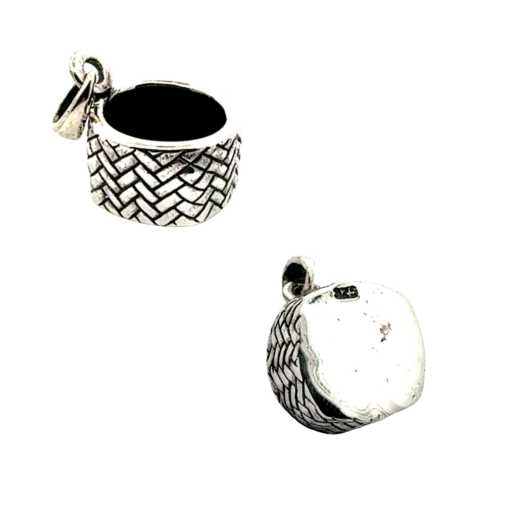 Sterling silver basket charm shown open from above and from underside with 925 hallmark