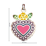 Silver enamel corazón heart charm with dimensions labeled: 0.6 inches wide, 0.8 inches tall