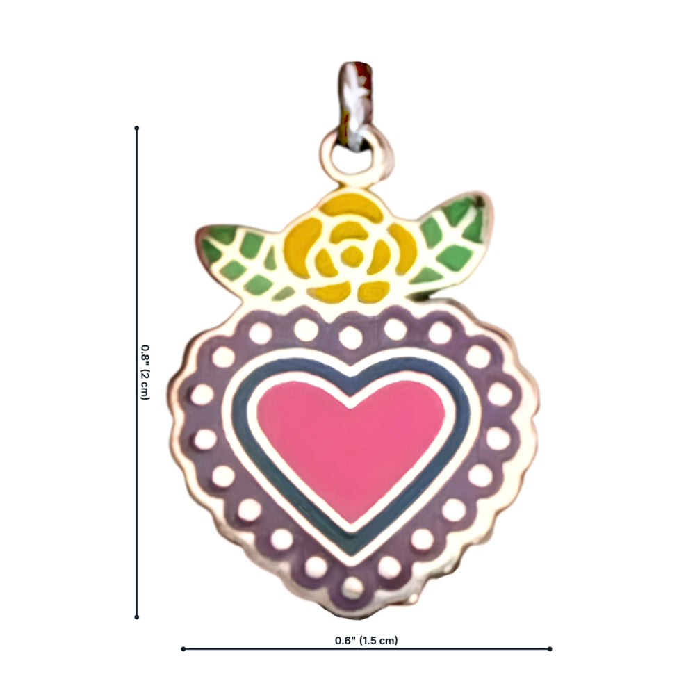Silver enamel corazón heart charm with dimensions labeled: 0.6 inches wide, 0.8 inches tall