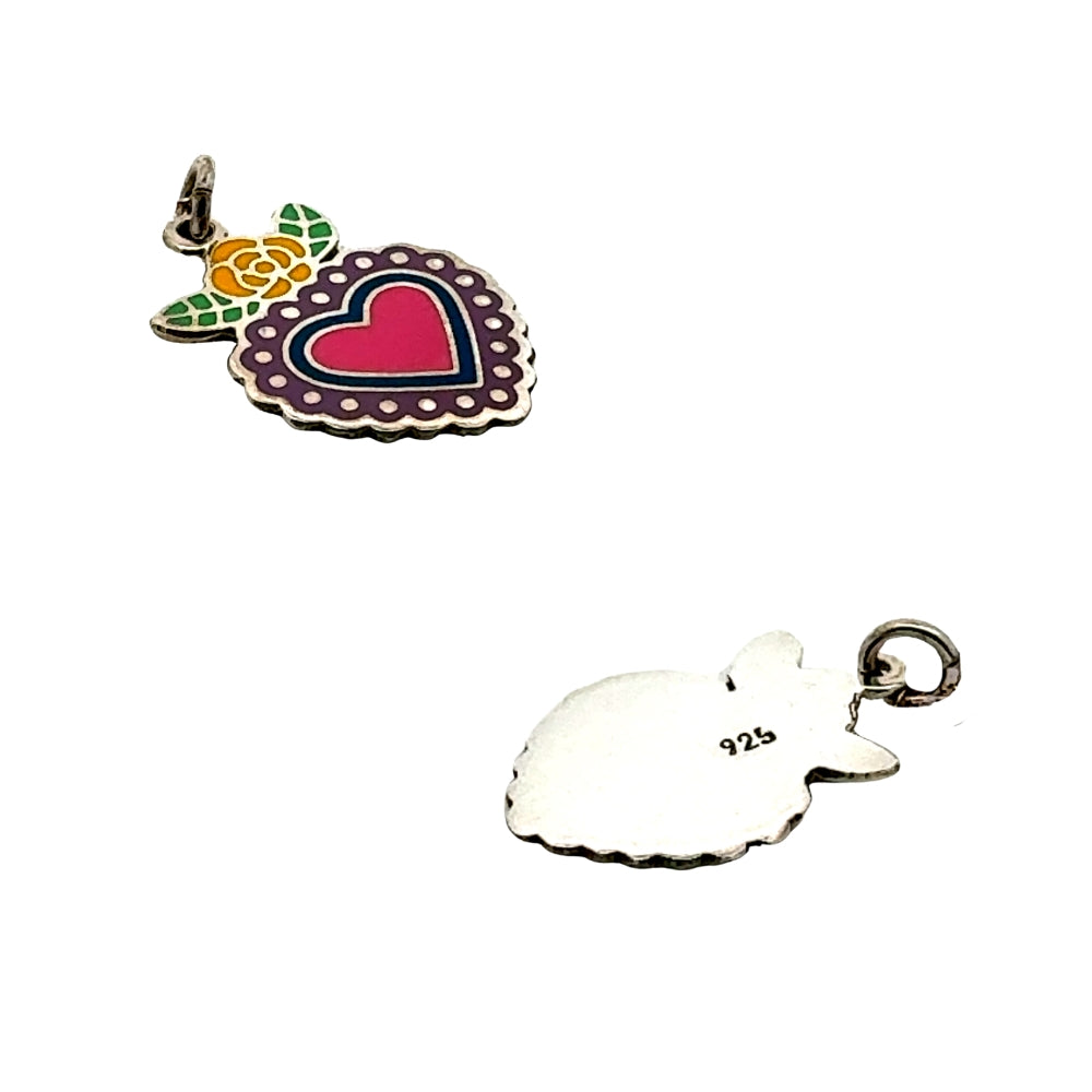 Sterling silver corazón heart charm shown from front with enamel colors and back with 925 hallmark