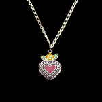 Sterling silver enamel corazón heart pendant necklace with rose detail, black background