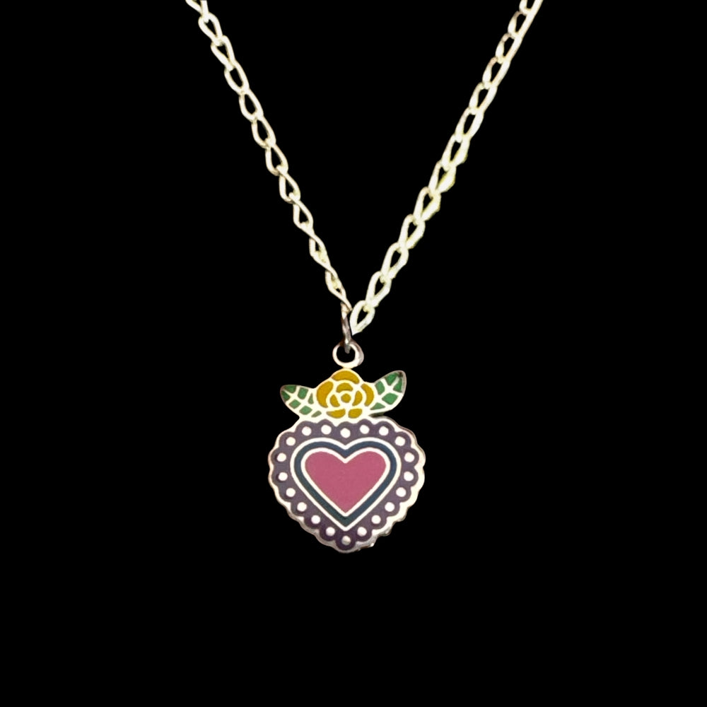 Sterling silver enamel corazón heart pendant necklace with rose detail, black background