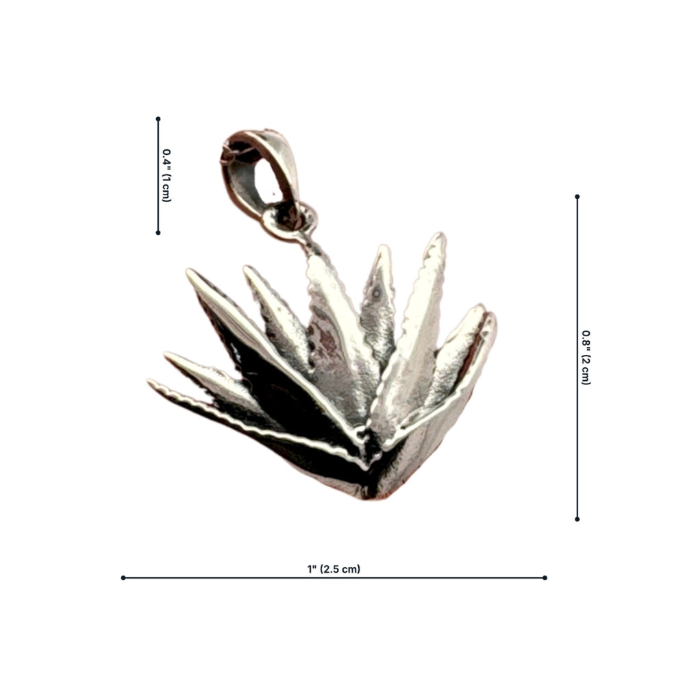Silver maguey agave charm with dimensions labeled: 1 inch wide, 0.8 inches tall