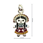 Silver enamel Maria doll charm with dimensions labeled: 0.4 inches wide, 0.8 inches tall