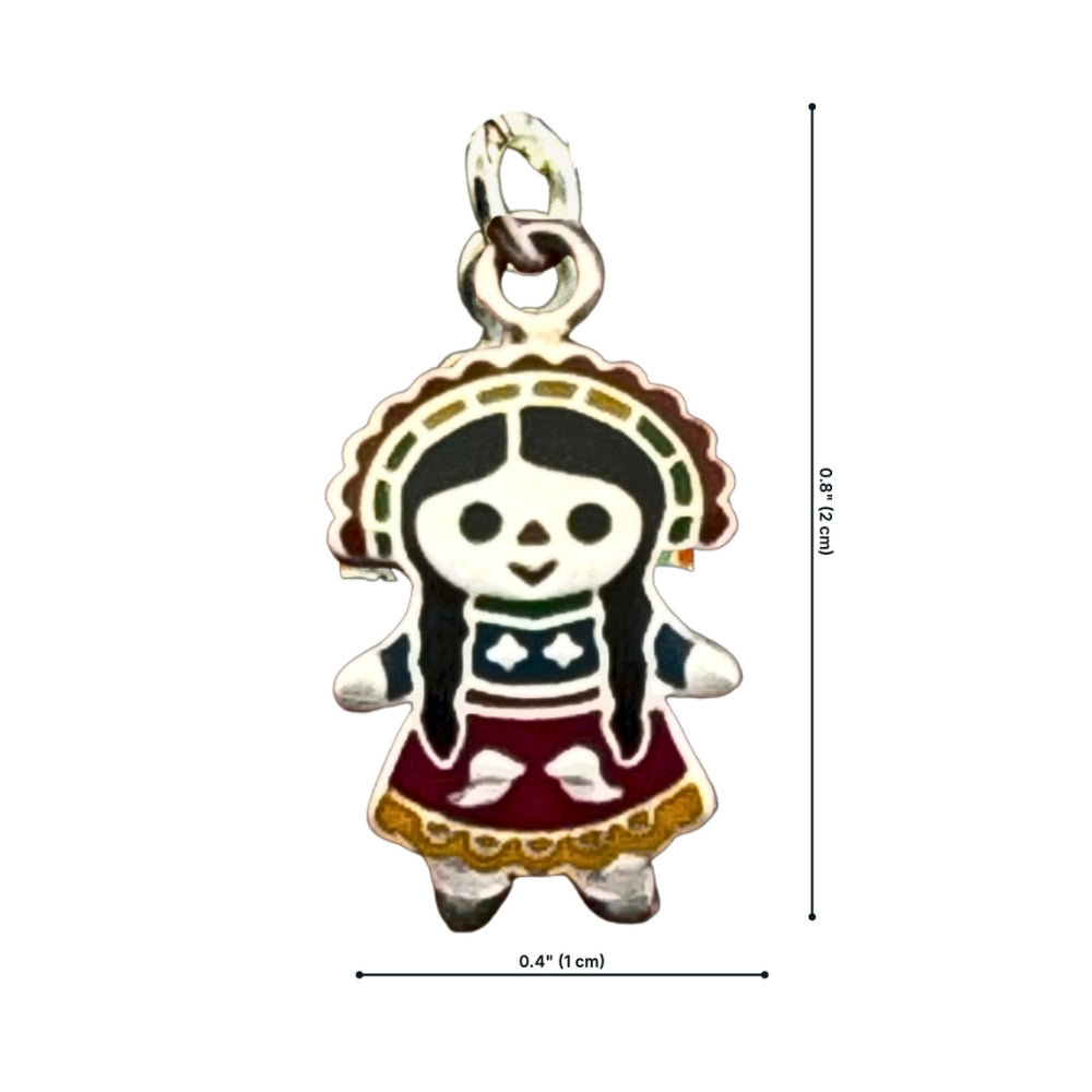 Silver enamel Maria doll charm with dimensions labeled: 0.4 inches wide, 0.8 inches tall