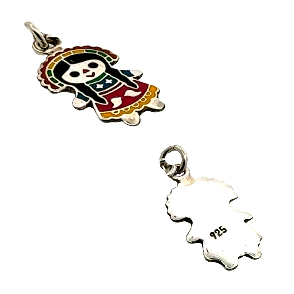 Sterling silver Maria doll charm shown from front with enamel colors and back with 925 hallmark