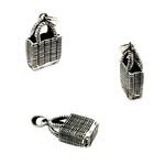 Sterling silver market bag charm shown from front, side, and back with 925 hallmark