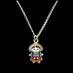 Sterling silver enamel Muñeca María doll pendant necklace, black background