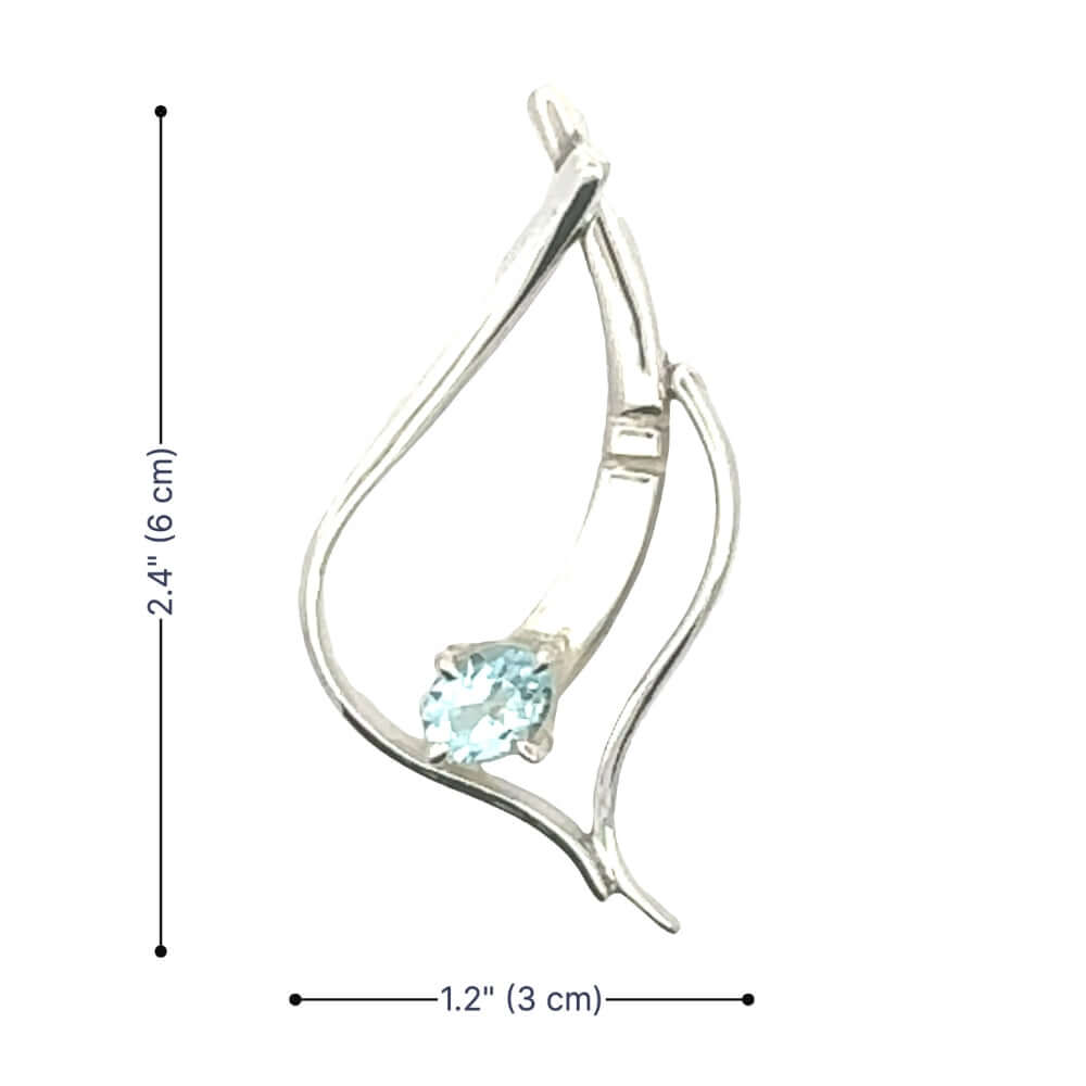 Size dimensions of a handmade sterling silver and blue topaz pendant
