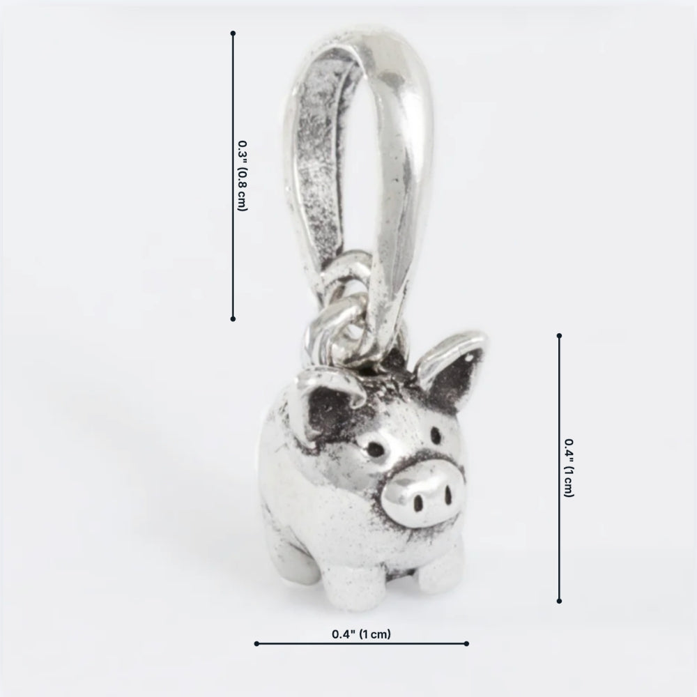 Silver pig charm with dimensions labeled: 0.4 inches wide, 0.4 inches tall, 0.3 inch bail