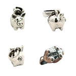 Sterling silver pig charm shown from front, side, and back, with close-up of 925 silver hallmark stamp