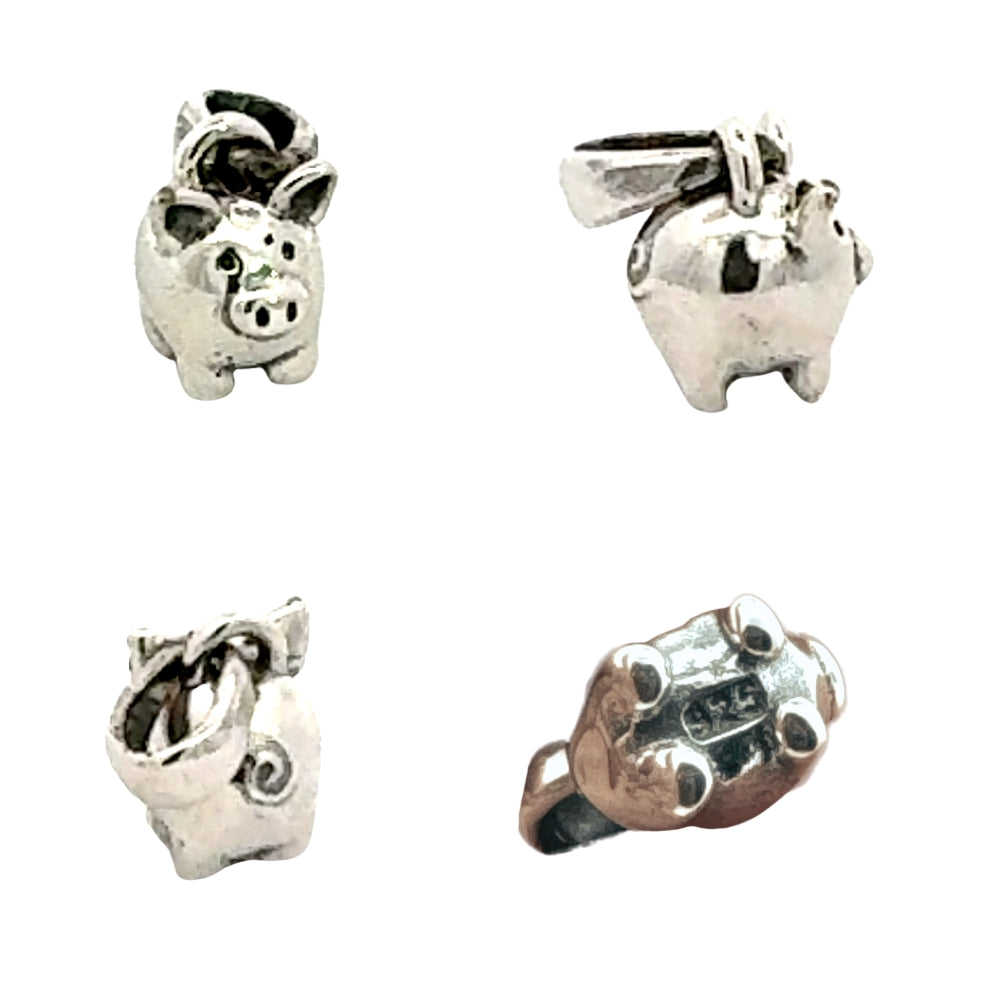 Sterling silver pig charm shown from front, side, and back, with close-up of 925 silver hallmark stamp