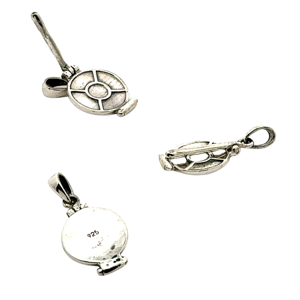 Sterling silver tortilla press charm shown from back, side, and angled views with 925 silver hallmark