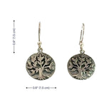 Silver tree earrings with measurements