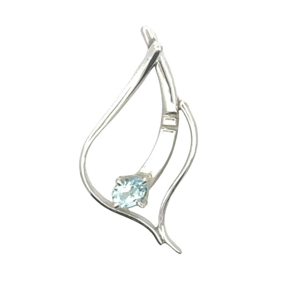 Front view of a unique artisan sterling silver pendant with a blue topaz stone