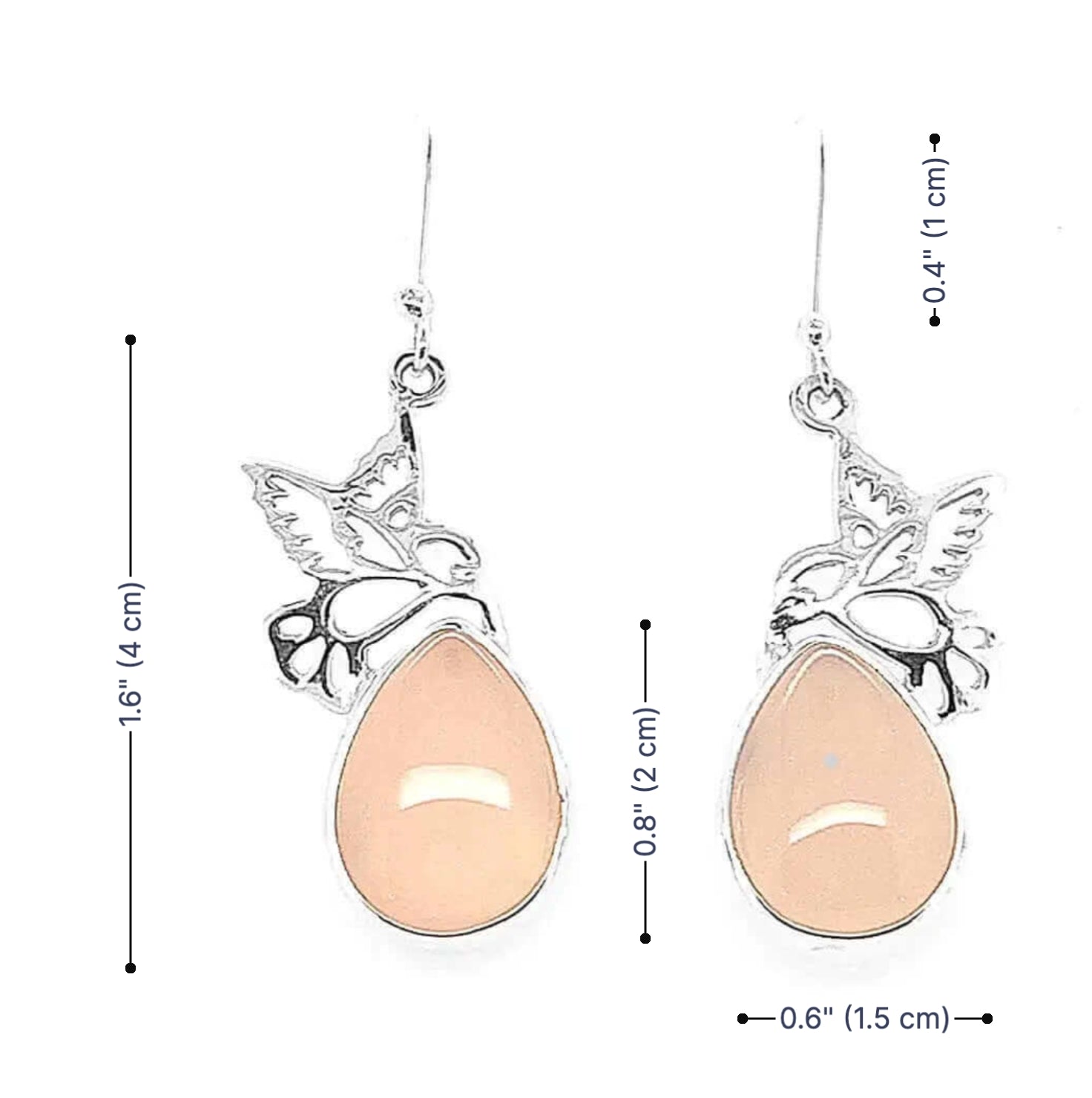 Pair of earrings with peach-colored teardrop stones and silver hummingbird designs, shown with measurements on a white background.