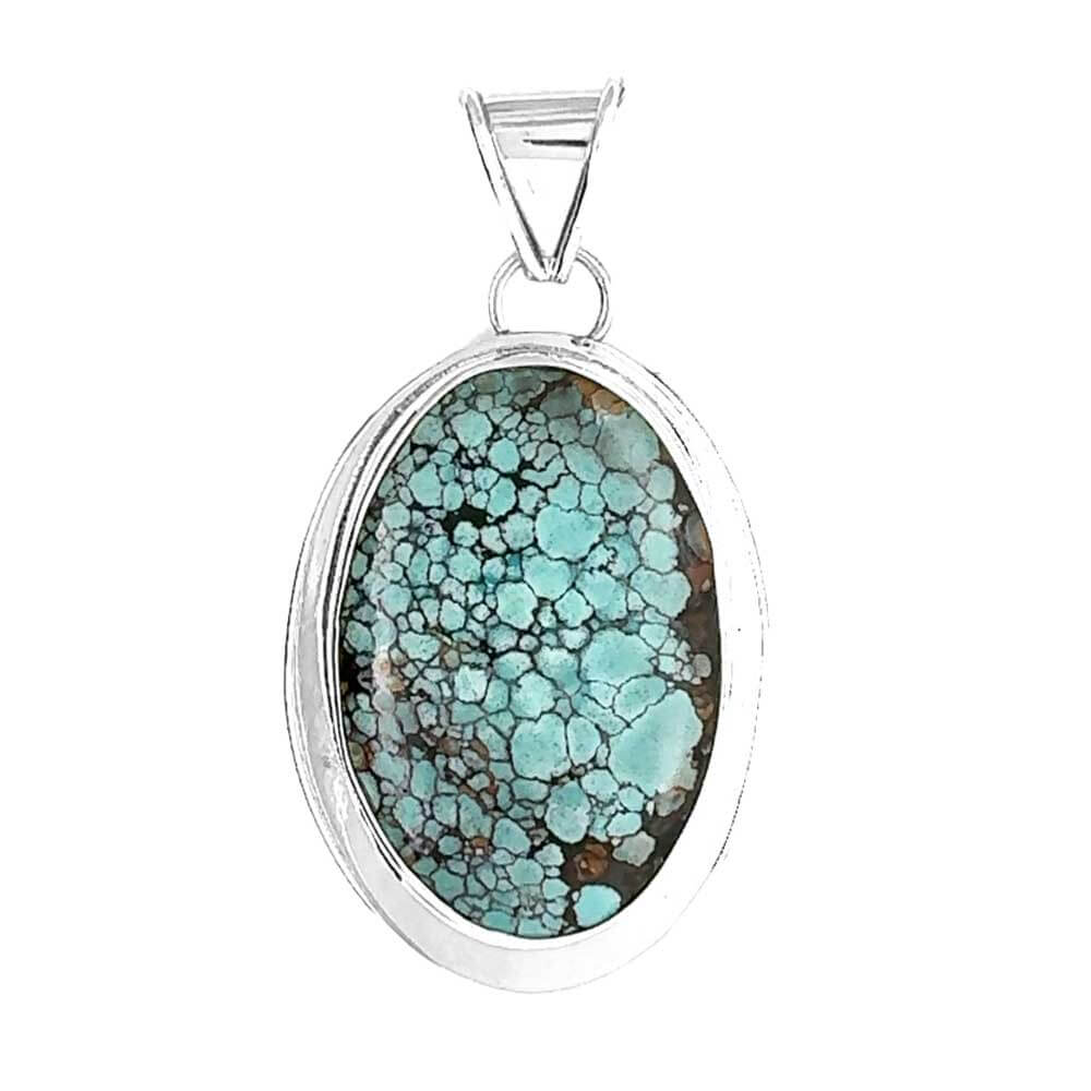 Front layout view of a handmade 950 silver statement pendant showcasing a large, vibrant oval natural turquoise gemstone.