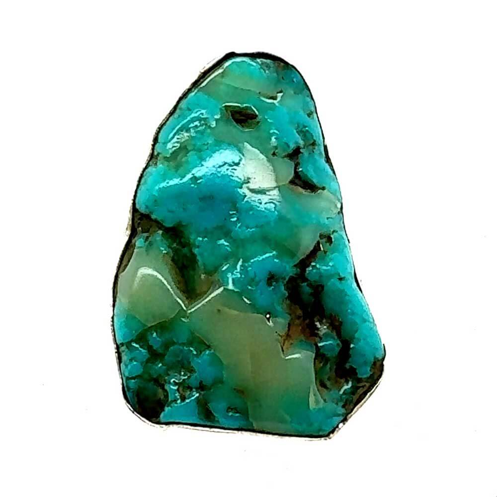 Front layout view of a handmade 950 silver statement ring showcasing a rugged, uncut natural turquoise nugget.
