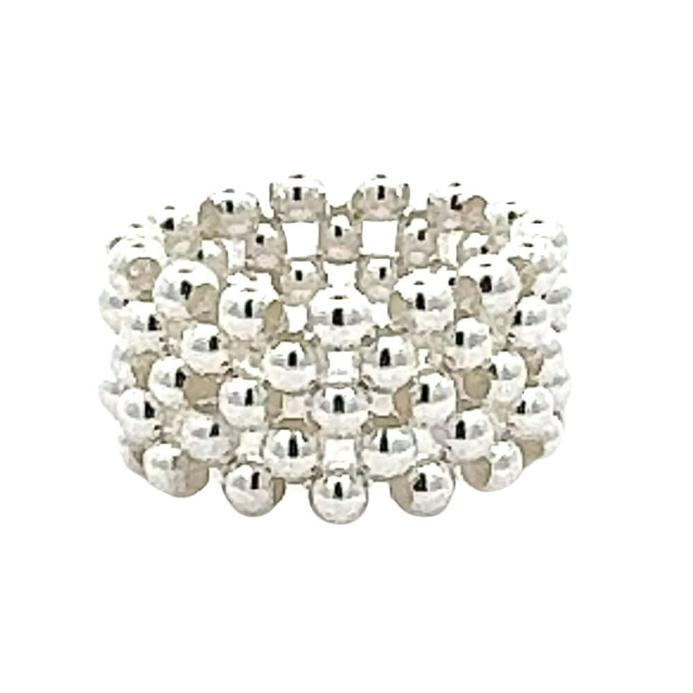 Front layout view of a handmade 925 sterling silver five-row small bead elastic ring showcasing its flexible woven design.