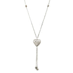 Front full-length view of a handmade 76 cm sterling silver lariat necklace featuring a central puff heart design.