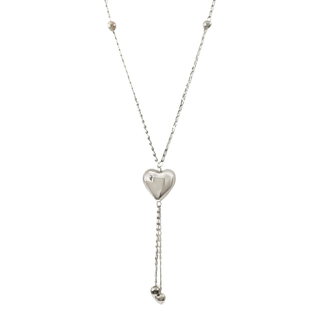 Front full-length view of a handmade 76 cm sterling silver lariat necklace featuring a central puff heart design.