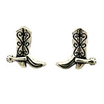 Front view of a pair of handmade 925 sterling silver cowboy boot post earrings showcasing intricate oxidized stitching and miniature spur details.