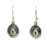 Front view of a pair of handmade 925 sterling silver cowboy small hat hook earrings showcasing their smooth finish and detailed shape.