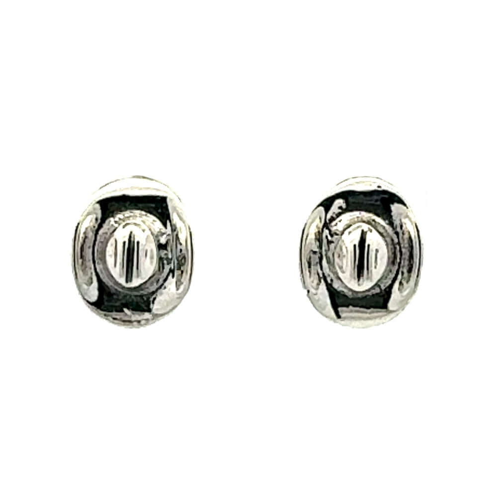 Front view of a pair of handmade 925 sterling silver cowboy small hat post earrings showcasing their smooth, mirror-polished finish.