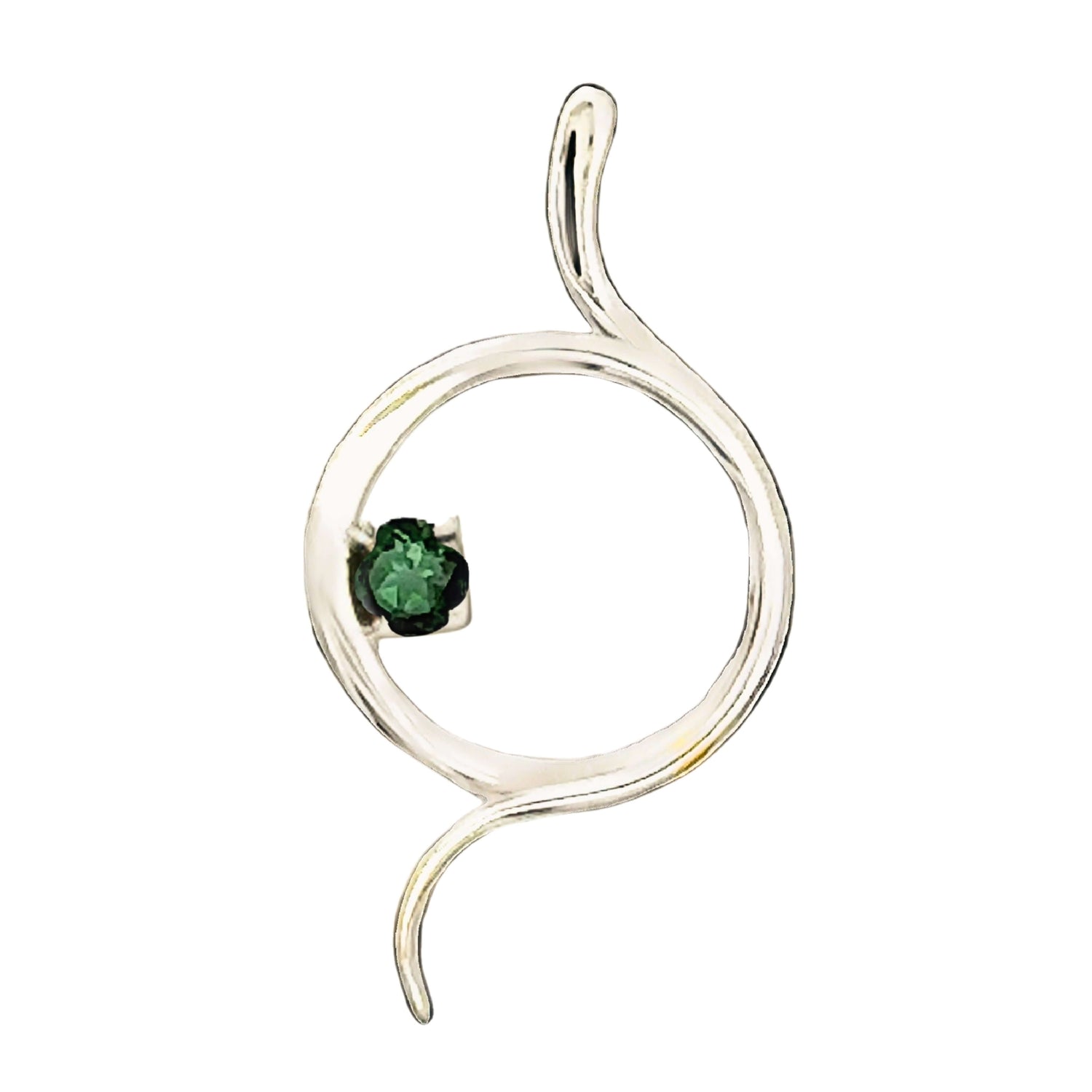 Front view of a handmade sterling silver swirl pendant with a green tourmaline gemstone by Fernando Vergara.