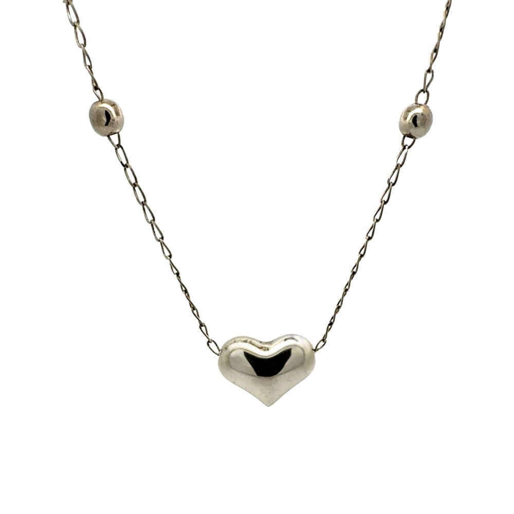 Full front view of a handmade 44 cm sterling silver chain necklace featuring a decorative puff heart pendant.
