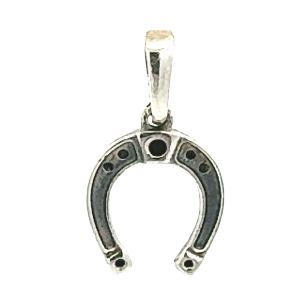 Front layout view of a handmade 925 sterling silver horseshoe pendant showcasing its clean, high-polish finish and sleek proportions.