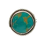Front layout view of a handmade 925 sterling silver ring featuring a vibrant natural turquoise cabochon in a polished bezel setting.