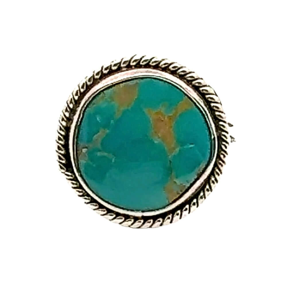 Front layout view of a handmade 925 sterling silver ring featuring a vibrant natural turquoise cabochon in a polished bezel setting.