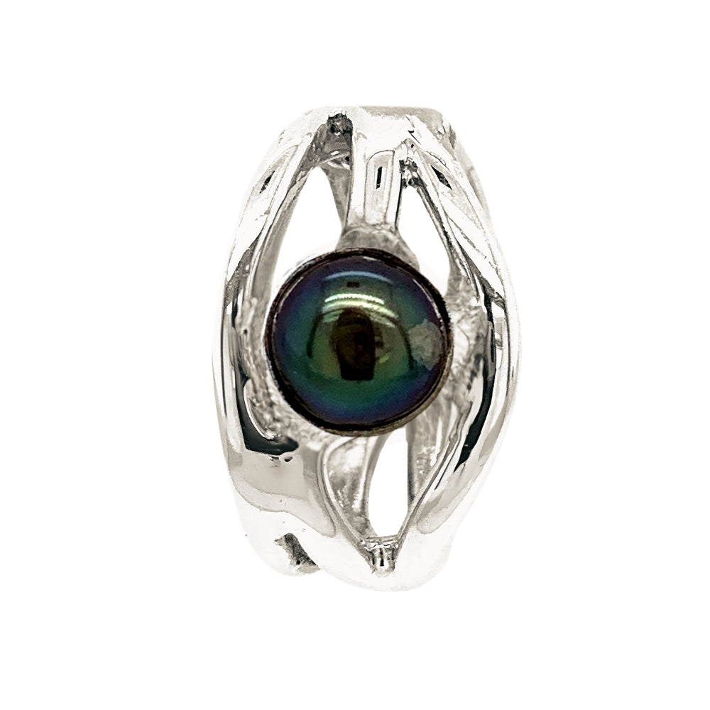 Front layout view of a handmade 925 sterling silver openwork oval pendant featuring a dark pearl cabochon centered in the cutout design.
