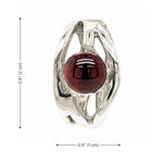 Silver ring pendant a garnet gemstone and measurements on a white background