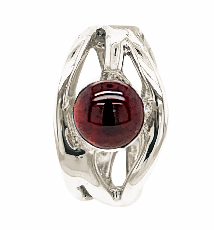 Front layout view of a handmade 925 sterling silver openwork oval pendant featuring a rich red natural garnet cabochon centered in the cutout design.